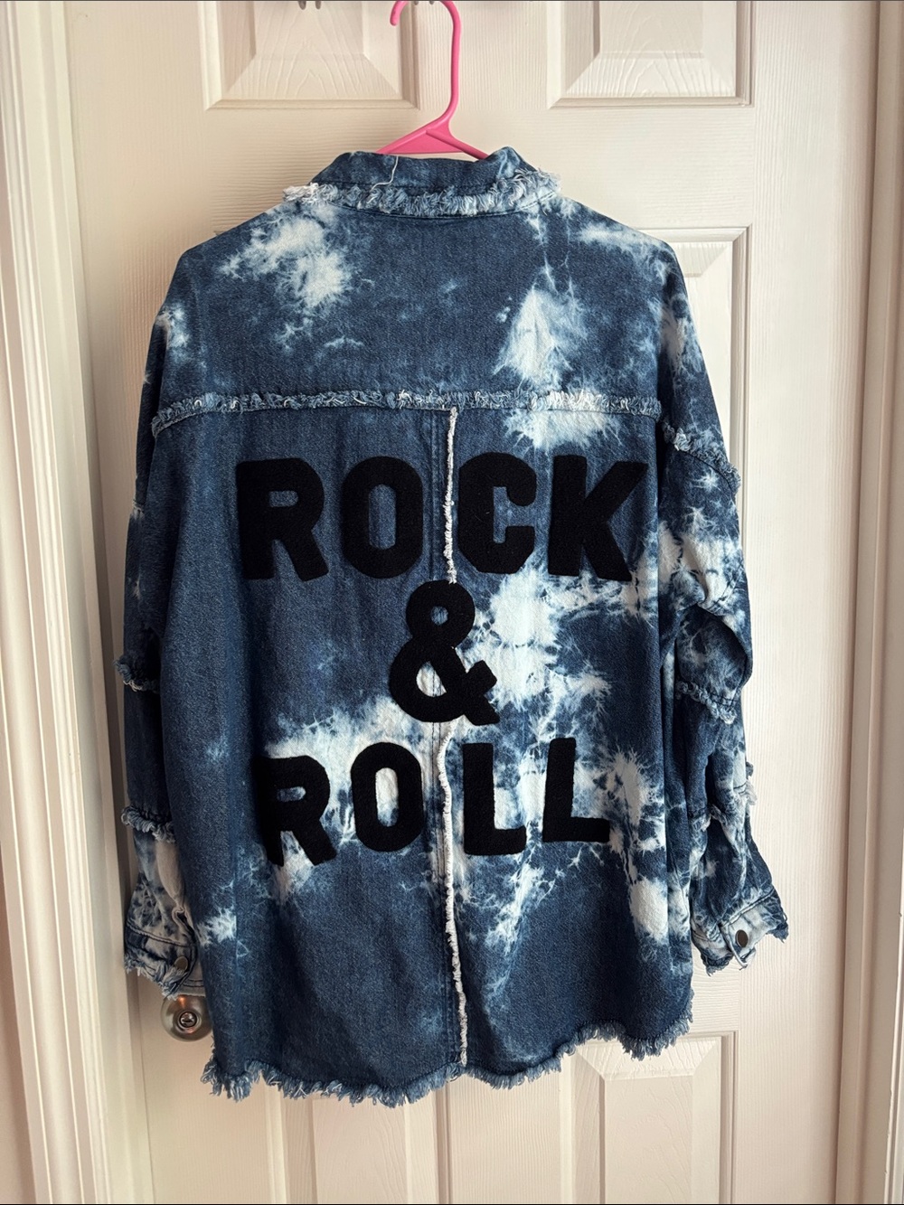 Elan Tie-Dye Denim Shacket with "ROCK & ROLL" Back